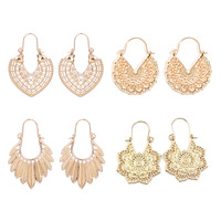 Boucles d'oreilles créoles dorées bohèmes pour femmes, boucles d'oreilles créoles creuses en forme de fleur et de feuille, boucles d'oreilles légères, ensemble de boucles d'oreilles