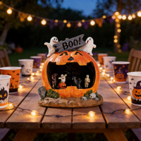 Décoration de fête d'Halloween : Diorama citrouille lumineux en résine, figurine décorative, accessoire effrayant pour maison hantée, bar et présentation sur bureau