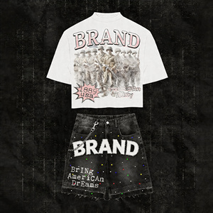 Men's Retro American Super Street Printed T-Shirt Breathable Casual <b>Hip</b>-Hop Style Washed Drill Shorts Suit <b>for</b> Summer - Product Image 2