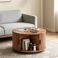 Table basse en bois rainurée ronde, best-seller, avec espace de rangement et rotation à 360° °   Porte coulissante en forme d'arc
