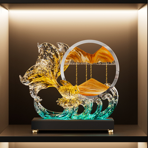 Ornement de peinture au sable Poisson Rouge en résine et verre, Nouveau Décor Chinois Chic pour Salon, Entrée, Meuble TV, Cadeau - Product Image 1
