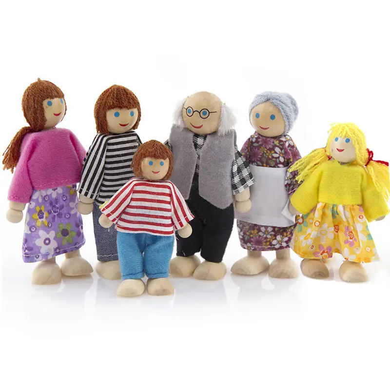 Kinder Mädchen schöne glückliche Familie Puppen Spielset Holzfiguren Set von 6 Personen für Kinder Haus so tun, als ob Geschenk Holz puppe Familie