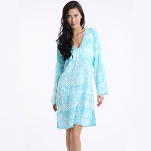 Vestido playero holgado estilo bohemio mexicano para mujer, talla grande, informal, llamativo, con encaje bordado y ribete de ganchillo, 100% algodón - Product Image 1