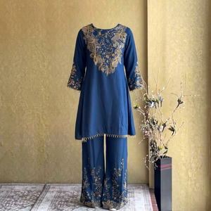 Navy Blue Embroidered MALAY CREP Quick Dry <b>Kurta</b> Palazzo Set <b>for</b> <b>Women</b> Indian Pakistani Ethnic Party Wear Loose Fit Floor Length - Product Image 1