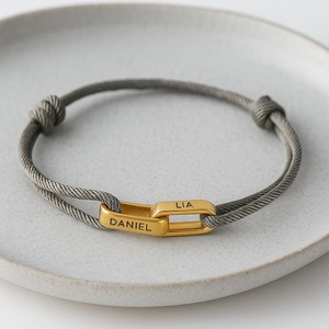 Customized Engraved characters Stainless steel Adjustable Cord double ring Lock Clasp Braided Couple <b>bracelets</b> - Product Image 4