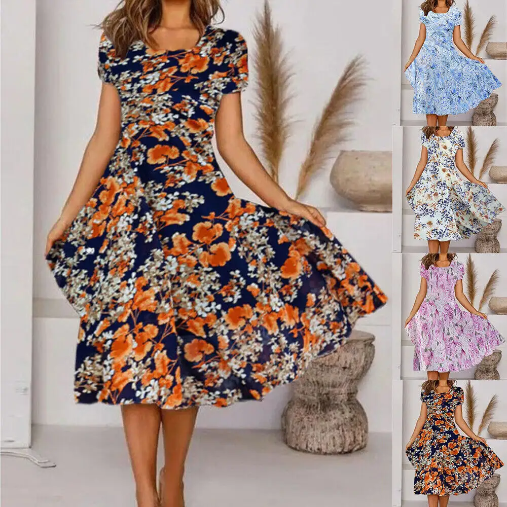 Plus Size Women's Floral Boho Swing Dress Ladies Summer Holiday Party Midi Dress