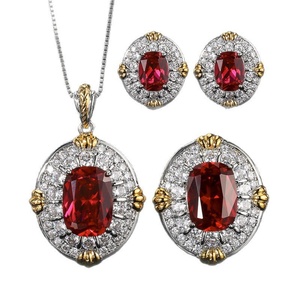 High Quality Eco-friendly Copper Bridal Jewellery Set Red Square Gem Elegant Wedding Party Pendant Earrings Set - Product Image 1