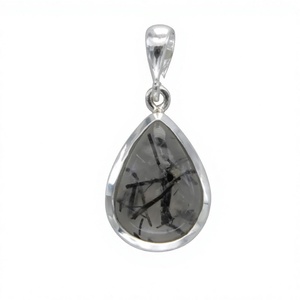 Pendentif goutte d'eau en argent sterling 925 avec serti clos en rutile noir naturel, bijou minimaliste unisexe pour usage quotidien - Product Image 1