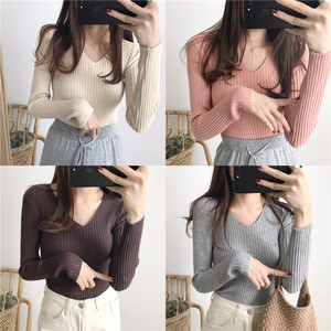 Suéter con cuello en V para mujer, jerseys de manga larga ajustados, Tops de punto para Otoño e Invierno - Product Image 2