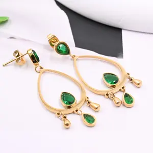 Fashion Emerald Gemstone Wholesale Joyas 18k Gold Plated Stainless Steel Schmuck Earring Gioielli Femmes Bijoux