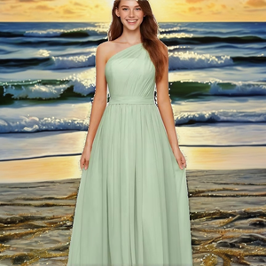 ชุดเพื่อนเจ้าสาวสีฟ้าอมเทา ผ้าชีฟอง ไร้สายรัดไหล่ ยาวกรอมพื้น แต่งระบายและจับจีบ เป็นมิตรกับสิ่งแวดล้อม แรงบันดาลใจจากมหาสมุทร ดีไซน์ทันสมัย มีบราในตัว เหมาะสำหรับงานชายหาด - Product Image 2