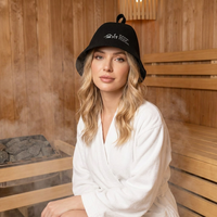 Chapeau de sauna en feutre de laine noir avec logo personnalisé, boucle de suspension, pour une utilisation rafraîchissante et respirante en hammam, soin des cheveux