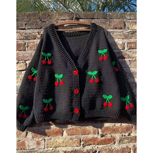 Pull surdimensionné personnalisé HZ, vente en gros, mode, tricoté à la machine, pour femmes, de haute qualité, avec broderie de cerises, cardigan - Product Image 1