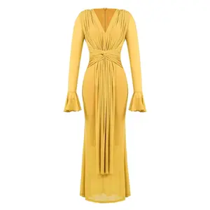 European Gowns Formal Clothing Long Sleeve Yellow Black Evening Dresses for Women Lady Elegant Dinner Maxi Dresses