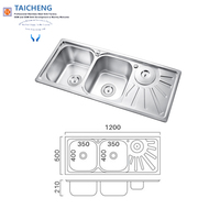 Évier double en acier inoxydable 1200x500mm avec égouttoir intégré et poubelle/bac à déchets