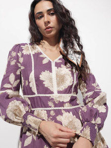 Robe midi en coton pour femme, couleur violette, col en V, manches longues, été, décontractée, confortable, légère, respirante, tendance, robe à la mode - Product Image 2