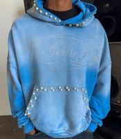 Sudadera con Capucha Azul para Hombre con Pedrería, Estampado con Perlas, Estilo Urbano Oversize, Ropa Personalizada, Proveedor Mayorista OEM ODM