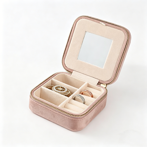 Square Velvet Zipper Jewelry Travel <b>Case</b> Wholesale Built‑in Mirror Compartment Dividers For Ring <b>Earring</b> Bracelet Portable - Product Image 4