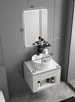Meuble-lavabo mural moderne avec étagère ouverte, motif marbre, vasque à poser en céramique ronde, unité de lavabo flottant