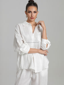 Pantaloni Casual da <span class=keywords><strong>donna</strong></span> alla moda abito 100% <span class=keywords><strong>lino</strong></span> protezione solare camicia a maniche lunghe camicetta traspirante semplice temperamento lana - Product Image 5