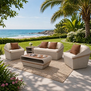 Meubles <span class=keywords><strong>de</strong></span> <span class=keywords><strong>salon</strong></span> d'extérieur confortables en rotin avec coussins moelleux et tables d'appoint en bois pour <span class=keywords><strong>jardin</strong></span> et bord <span class=keywords><strong>de</strong></span> piscine - Product Image 1