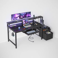 Bureau d'ordinateur de jeu en bois avec prise de courant et tiroir à dossiers, table de jeu multifonctionnelle moderne noire avec support pour écran