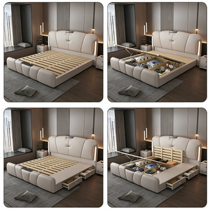 Cama Moderna de Lujo Tapizada con Luz Nocturna LED, 4 Opciones de Almacenamiento, Estructura/Mecanismo de Elevación a Gas, Muebles de Dormitorio de Cuero con Diseño de Huella de Gato - Product Image 3