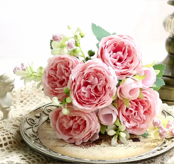 Decorazione di nozze artificiale mazzi di Rose di seta fiore 5 teste Bouquet di Rose rosa fiori floreali