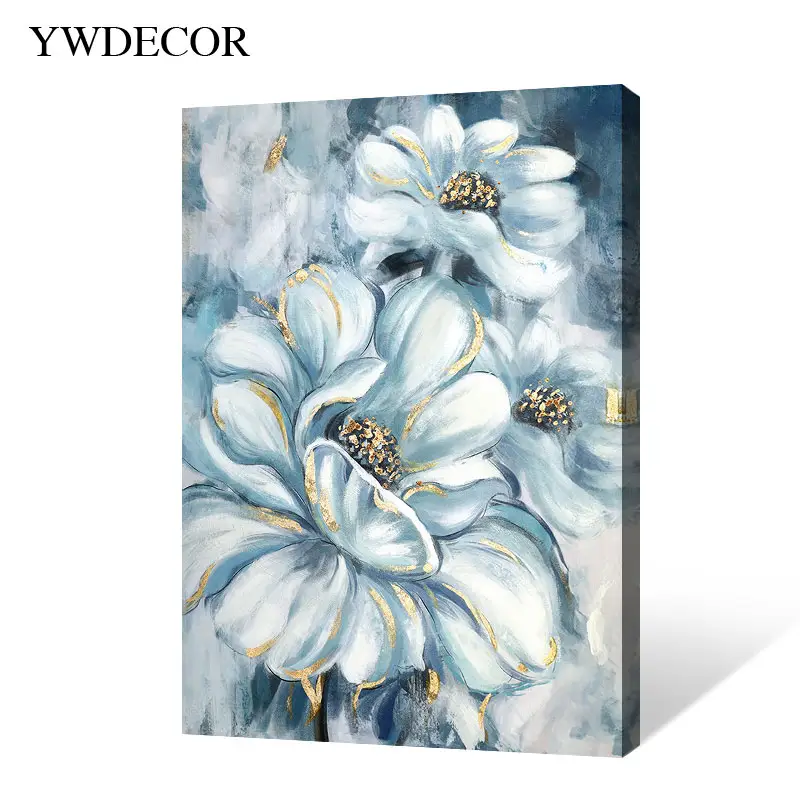 Prezzo di fabbrica pittura a olio di fiori bianchi e blu con lamina dorata 50% pittura artistica dipinta a mano su tela stampata