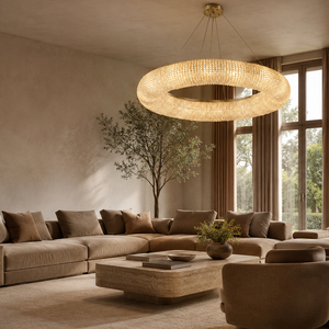 Lámpara de araña de cristal de lujo con anillo hueco y cuentas de cristal tejidas para comedor, vestíbulo de villa o espacios. - Product Image 3