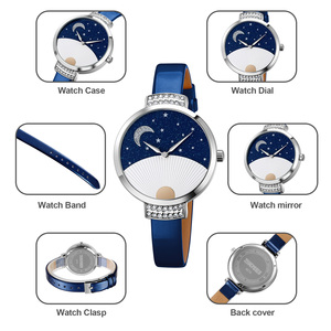 Reloj de cuarzo para mujer, esfera minimalista con diamantes, correa de cuero, resistente al agua 30M, elegante reloj de vestir - Product Image 1