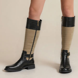 Sepatu bot tabung panjang kulit sapi wanita, sepatu bot dengan hak tebal dan sol warna blok Desain Mode gaya ksatria ramping untuk semua musim - Product Image 1