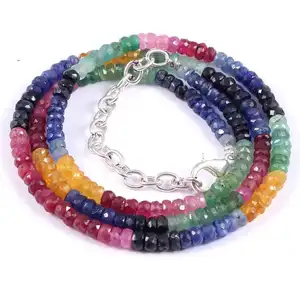Natural Precious Multi Sapphire Emerald Ruby Gemstone Faceted Beads Necklace
