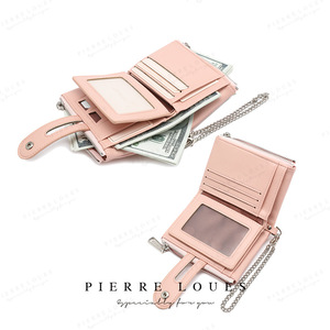 Pierre Loues Women's Tri-fold <b>Wallet</b> Pink Double Zipper Chain <b>Card</b> <b>Holder</b> Everyday Use - Product Image 1