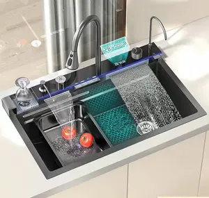 Tiktok Trend nero bianco Display digitale rubinetto in acciaio inox vasca singola Bionic fattoria lavello da cucina in ceramica