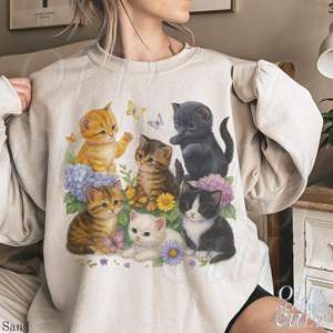<span class=keywords><strong>Felpa</strong></span> retrò OEM ODM con gattini, pullover vintage anni '90 con gatti carini, grafica floreale unisex boho con <span class=keywords><strong>gatto</strong></span> e farfalla, girocollo, animali retrò - Product Image 5