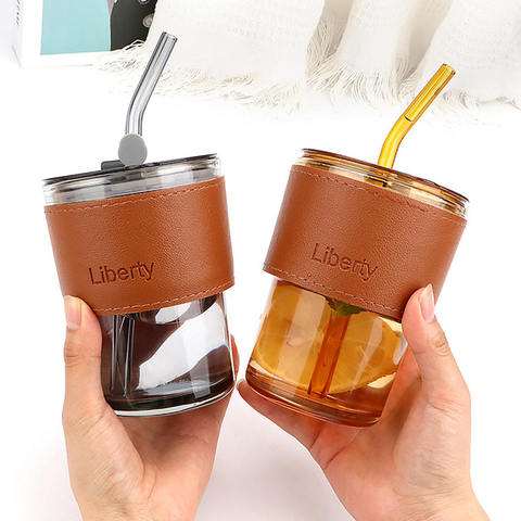 300 ml Iced Coffee Cocktail Beverage Glass Cup With Lid and Glass Straw Custom Color Beverage Glass Cup Support Customization