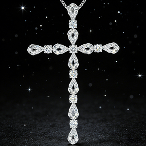 CUSTOM SILVER 10K/14K/18K GOLD PLATED LAB GROWN CVD DIAMOND CLASSIC ENGAGEMENT GIFT SWEATER <b>CHAIN</b> NECKLACE <b>CROSS</b> PENDANT - Product Image 4