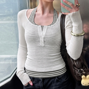 Camiseta de Manga Larga Blanca para Mujer, Ajustada, Informal, con Cuello Henley a Rayas, Botones, Tejido de Punto, Estilo Y2K - Product Image 4