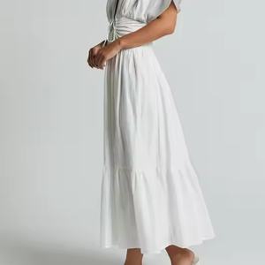 Nuevo Vestido Informal de Otoño con Logotipo Personalizado, Vestido de Lino y Algodón Modesto con Escote en V Profundo y Manga Corta para Mujer - Product Image 2