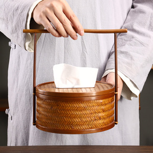 <b>Bamboo</b> Woven Tissue Box With Handle Retro Chinese Style For Home Living Room Tea Ceremony Accessory - Product Image 3