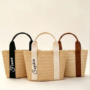 Customized Logo Reusable <b>Knitted</b> Straw Tote With Button Closure,Fashionable Summer Beach Travel Shopping <b>Bag</b> - Product Image 1