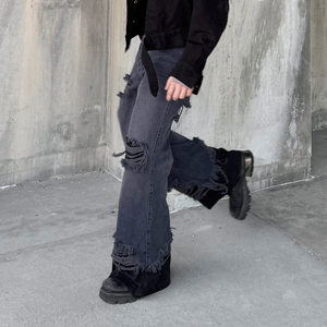 Jeans in Denim Effetto Consumato e Tinto 15oz, Jeans a <span class=keywords><strong>Doppio</strong></span> Strato con Apertura Asimmetrica, Accessori Metallici Personalizzati, Jeans Baggy da Uomo - Product Image 5