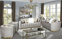 Ensemble de canapés décoratifs confortables en velours gris capitonné, style moderne et luxueux, 4 pièces, base en métal doré, pour salon