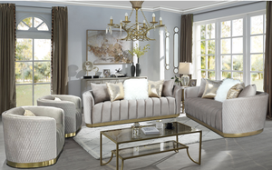 Set di Divani in Velluto Trapuntato Grigio di Lusso con Base in Metallo Dorato per Soggiorno, <span class=keywords><strong>4</strong></span> Pezzi - Product Image 6