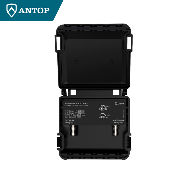 Antop Outdoor TV Antenna Amplifier Masthead 20dB Gain 12/24VDC Power Supply 1 Input 1 Output Separate VHF UHF Gain Adjustment