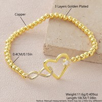 Bijoux OEM : Bracelet à double anneau géométrique en cuivre plaqué or 18 carats avec fermoir à anneaux, perles rondes et incrustation de zircon, tendance