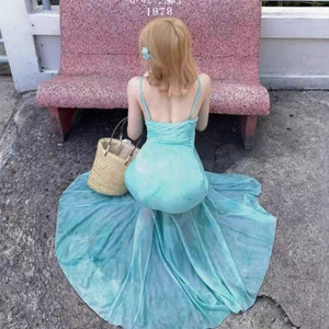 Light Green Mesh Mermaid Bodycon Dress Strapless Long Beach Vacation Sundress For Women Polyester Fabric Splicing Design - Product Image 2