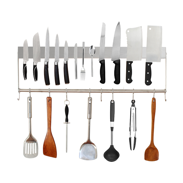 Heavy Duty Magnetic Knife Strip With 10 Hooks Metal Wall Mount Kitchen Tool Organizer