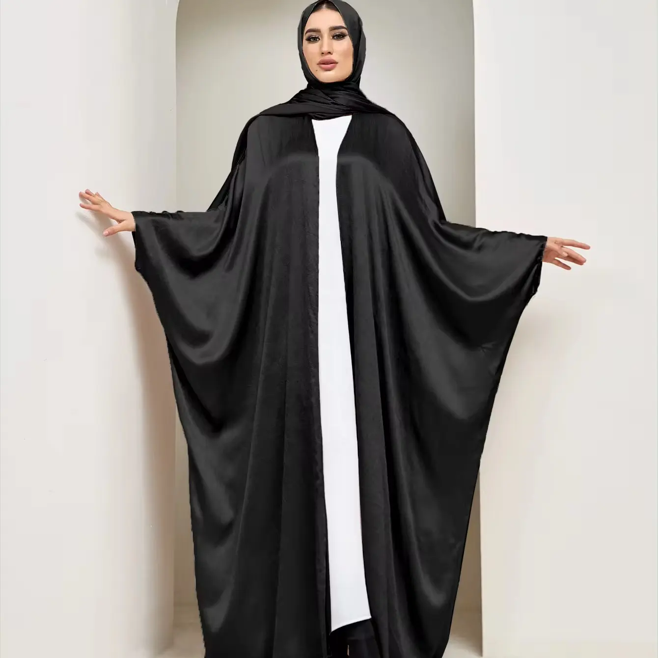Kardigan lengan sayap kelelawar Satin berkilau modis sederhana gaun Hijab Abaya terbuka gaun kasual Turki jubah Kaftan panjang
